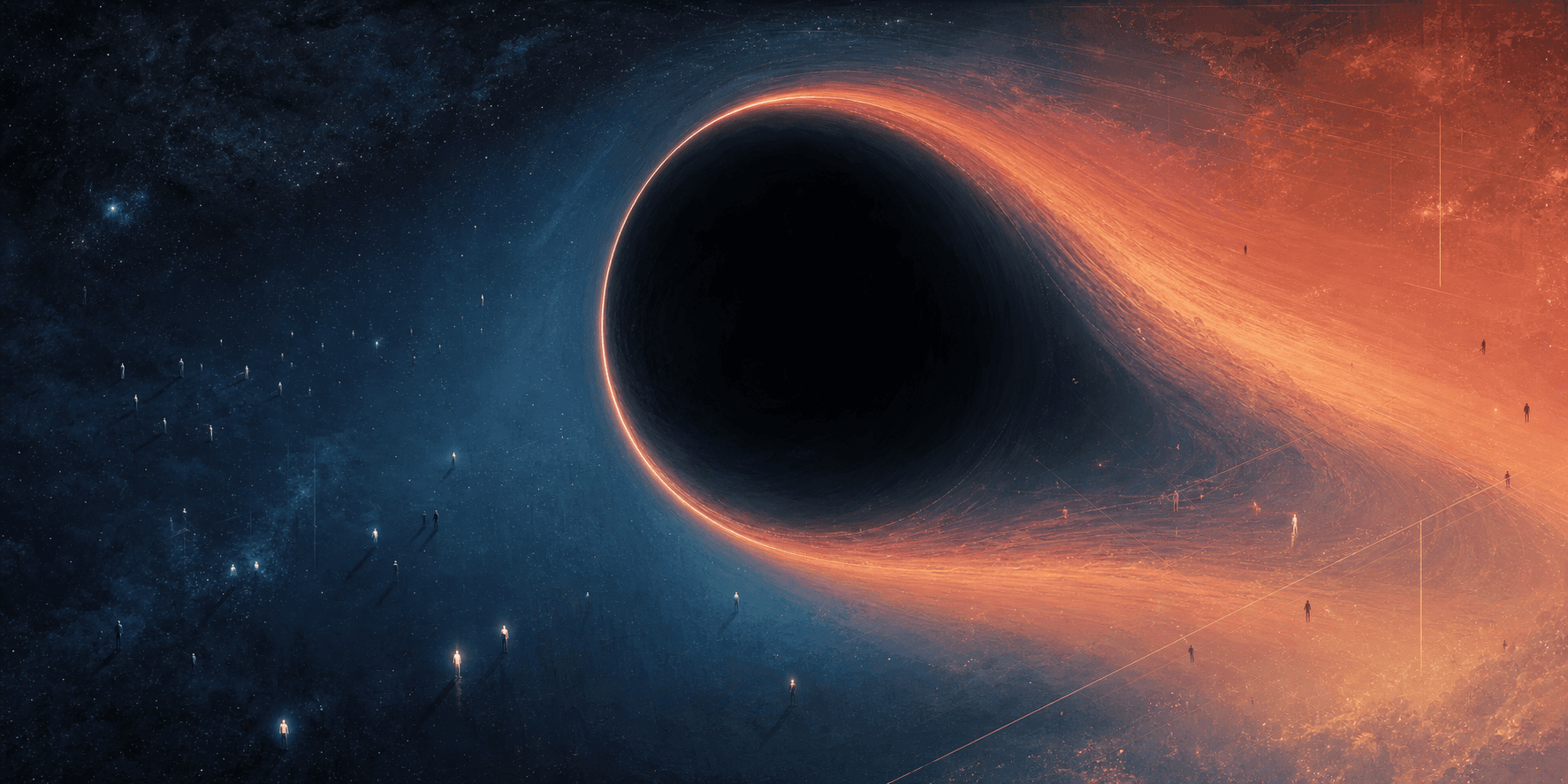 A black hole-like event horizon with small human figures spread across blue and orange space.