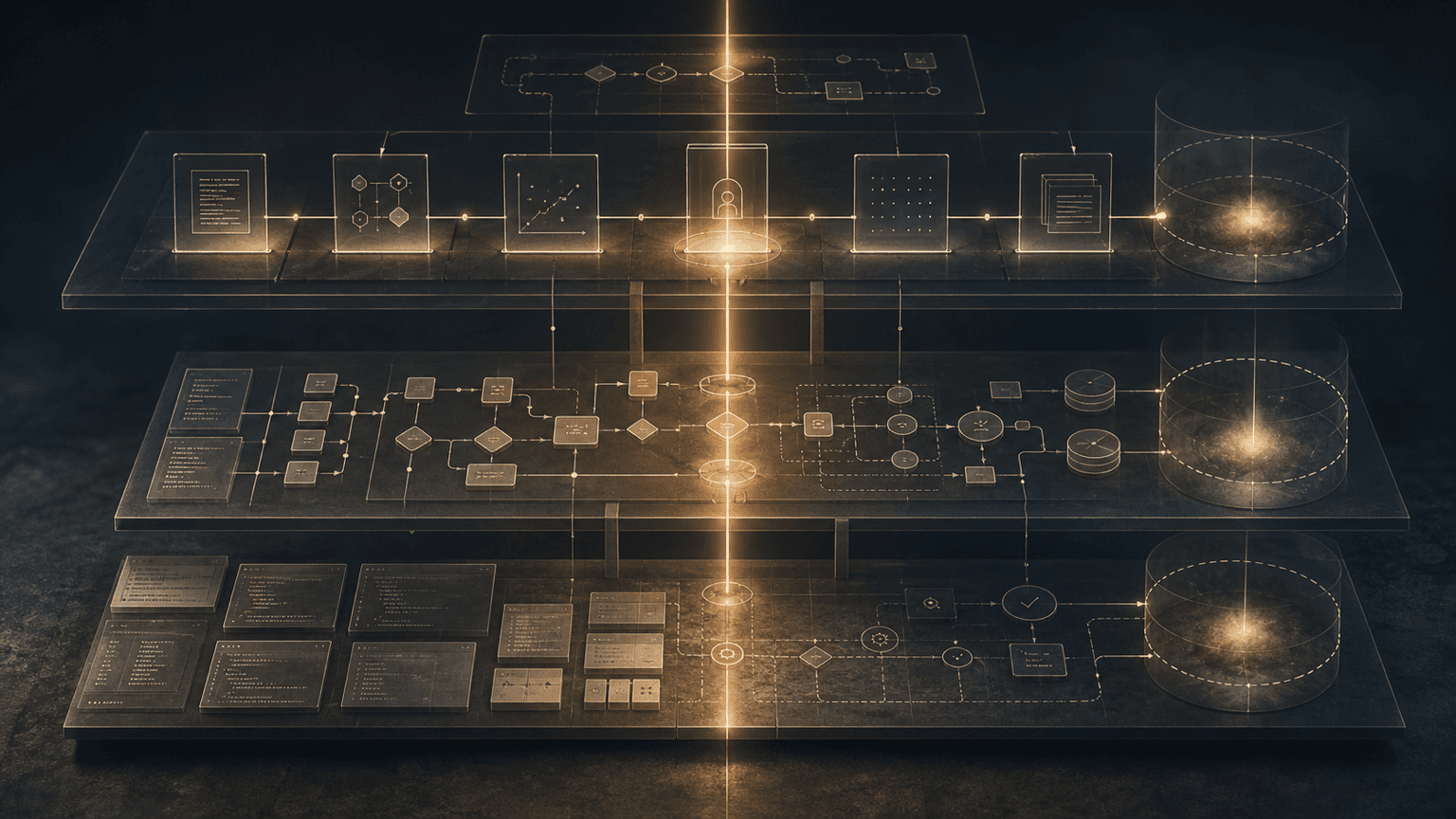 Layered abstraction stack showing code, workflow harness, and meta-harness layers connected by recurring engineering controls.