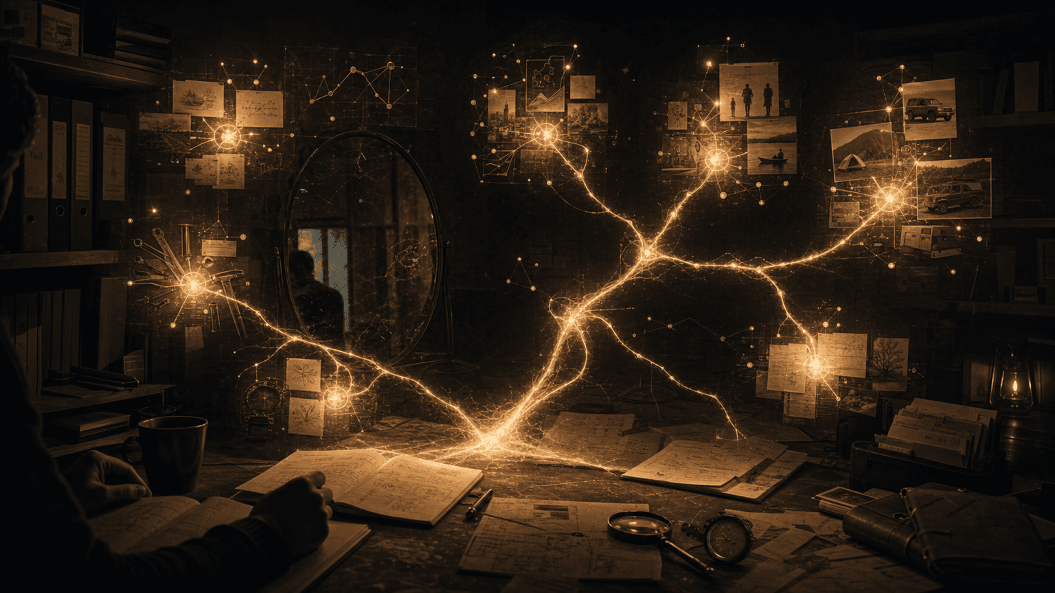Luminous archive map showing connected notes, tools, and reflection traces around an imperfect mirror.