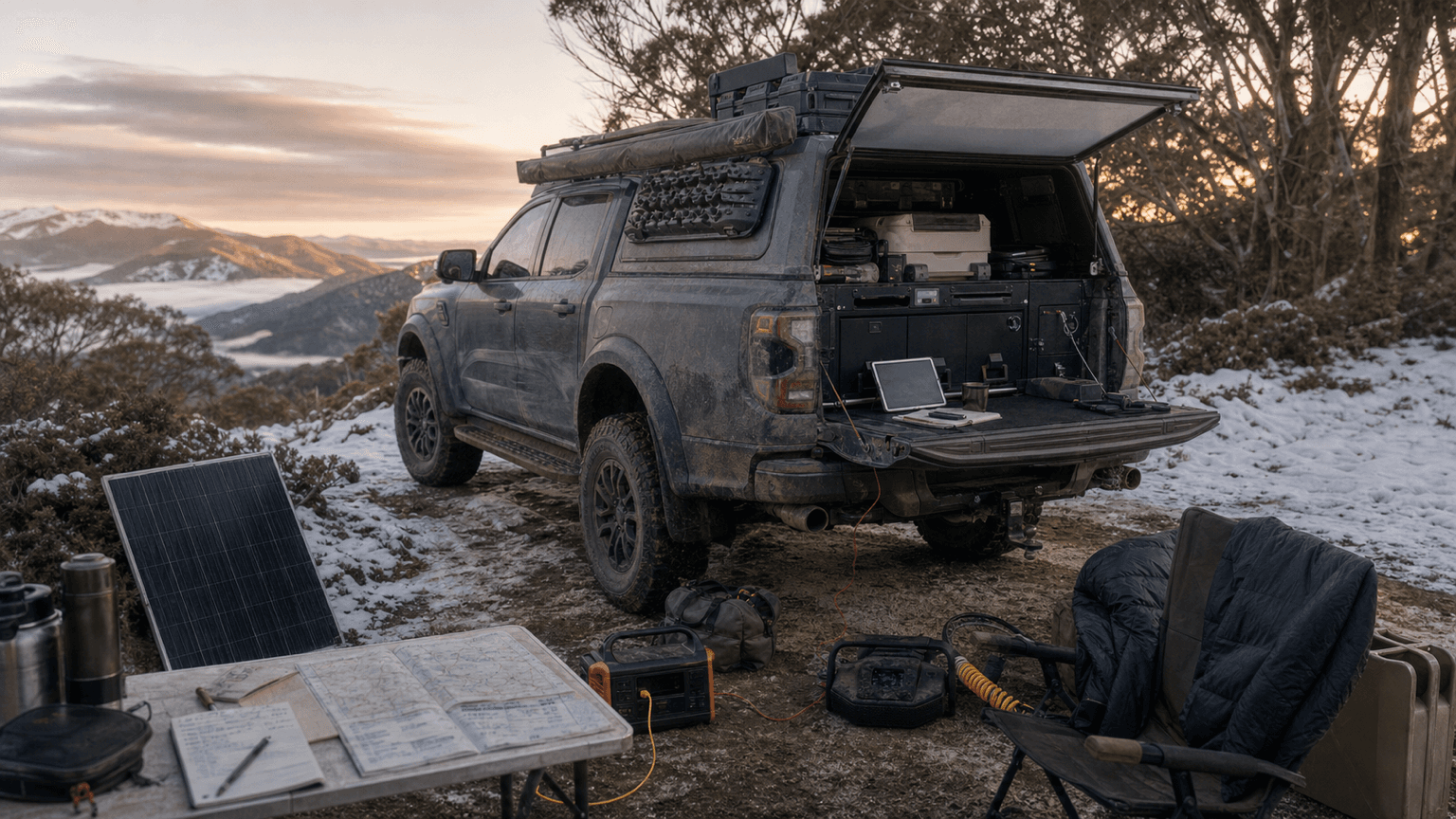 Non-branded off-road vehicle set up as a winter-ready camping, power, recovery, information, and work system.
