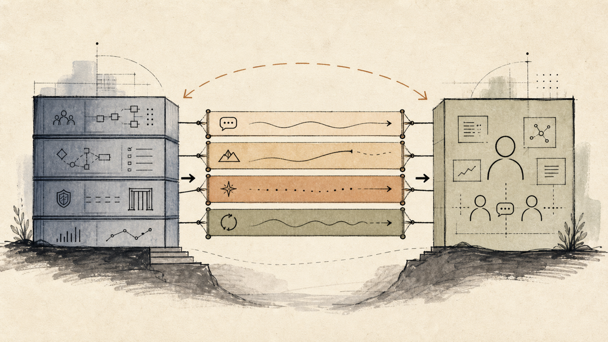 Illustration of organizational AI maturity and individual fluency connected by a bridge.