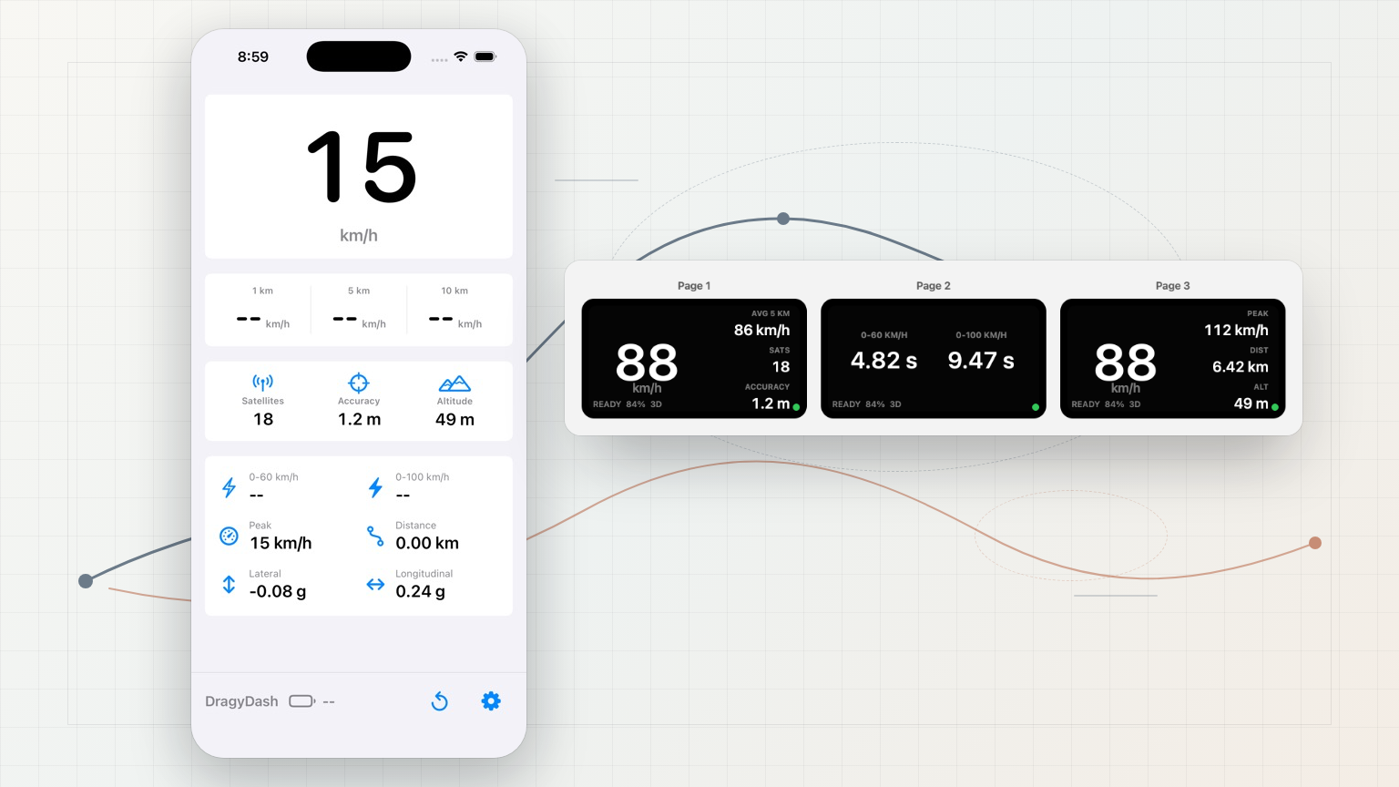 iPhone and ESP32 telemetry dashboard screenshots.